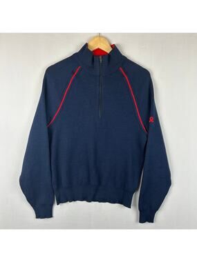 Demetre 1/4 Zip Pullover Sweater 100% Virgin Wool Blue Made in USA Men's Size L